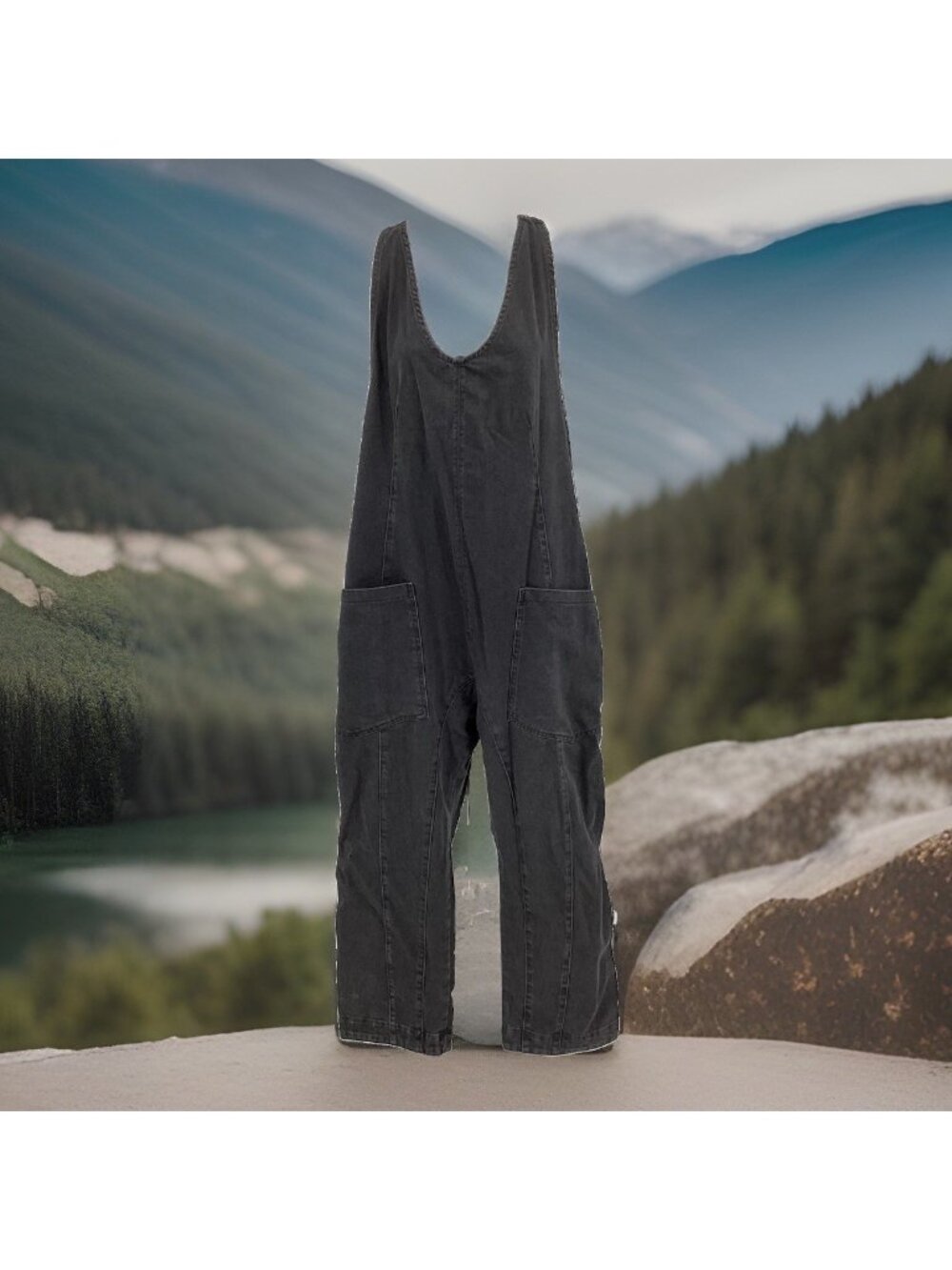 WE THE FREE PEOPLE Womens Sz L Black High Roller Denim Jumpsuit Relaxed Jumpsuit